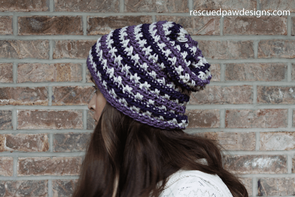 crochet slouch hat pattern that is purple