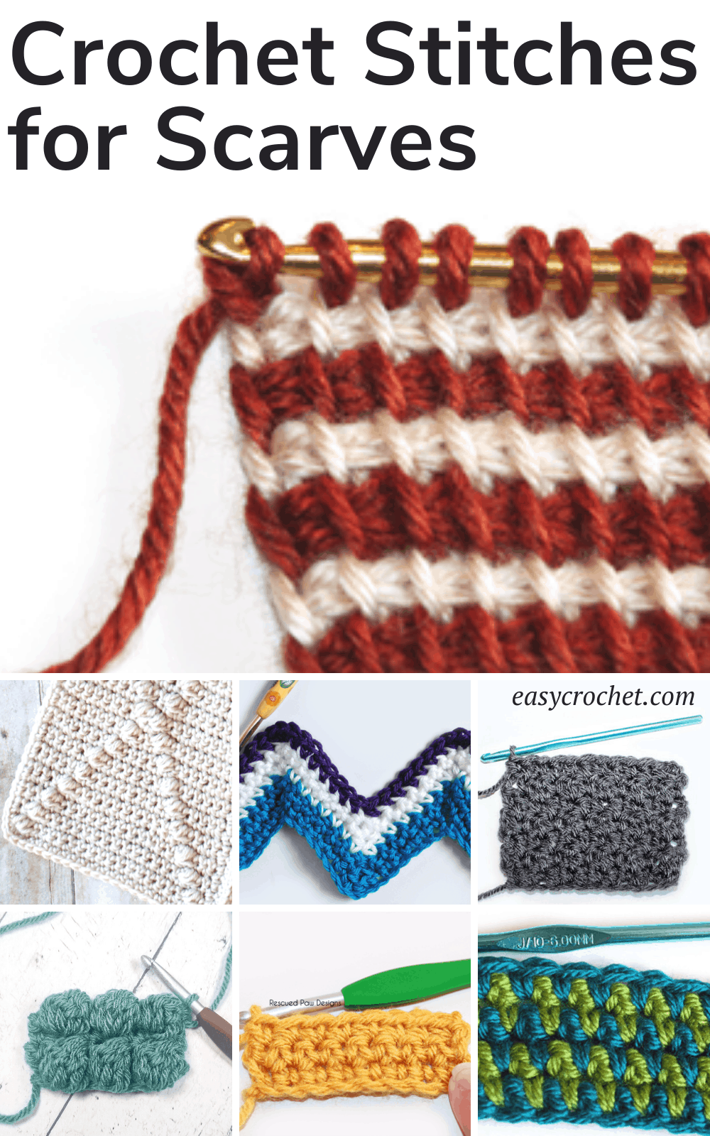 Take a look at these 7 different crochet stitches for scarves that are all easy to learn! Use one or all seven to create your next crochet scarf pattern! via @easycrochetcom