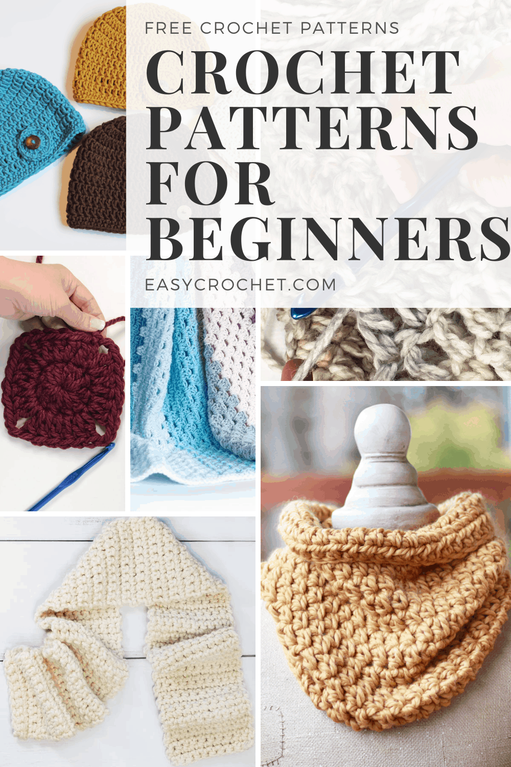 12 simple Crochet Patterns that are perfect for beginners! Once you have your crochet and hook explore these free crochet patterns to start making a project today! via @easycrochetcom