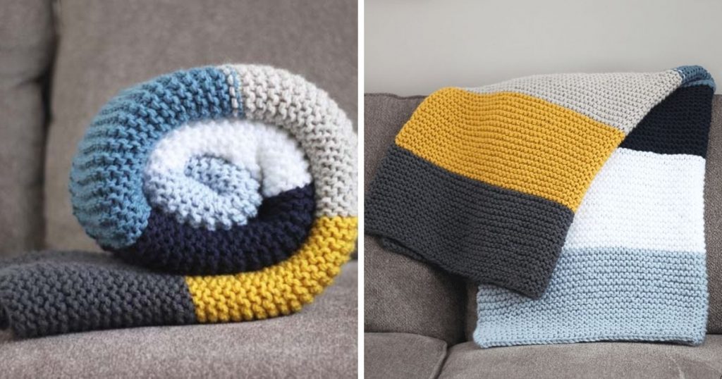 Modern, easy-to-knit multi-color blanket knitting pattern for Lion