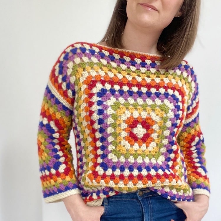 Black granny square yoke crochet jumper  Crochet jumper, Granny square, Crochet  sweater