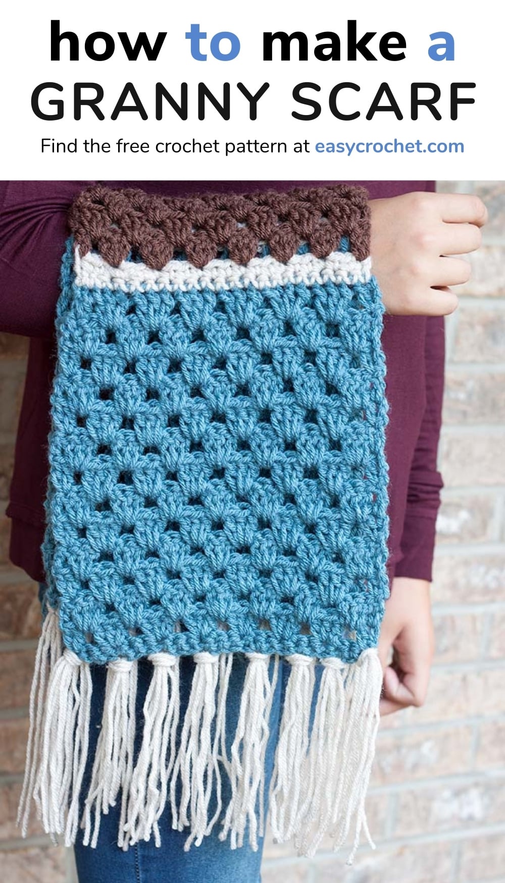Learn how to make a granny stitch scarf with this free crochet scarf pattern! Find the free design at easycrochet.com