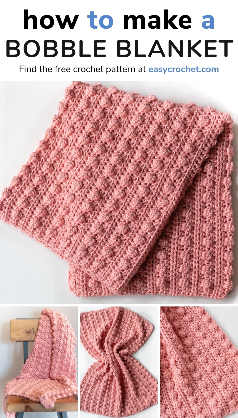 Crochet blanket using the bobble stitch. Can be crocheted into 8 different blanket sizes! Get the free crochet pattern at easycrochet.com