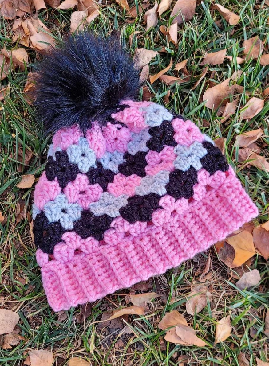 Crochet hat in a beautiful colours mix made from 100 % cotton yarn